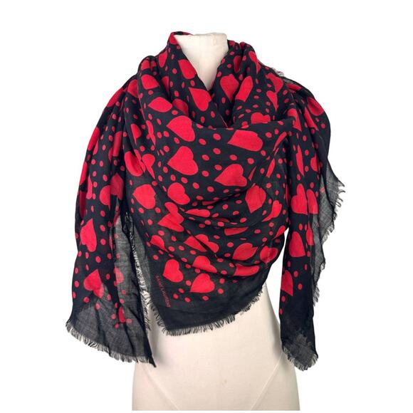 YSL Saint Laurent Black Red Scarf Wool Heart Polka Dot Print Square Large NEW - Picture 1 of 9